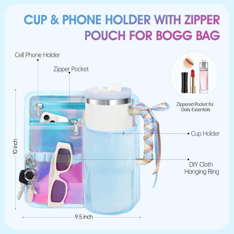 Iridescent Accessories Set for Bogg Bag, Cup Holder and Phone Zipper Pouch with Adjustable Strap Compatible with Medium Large XL, Bonus with Neoprene Handle Wrap